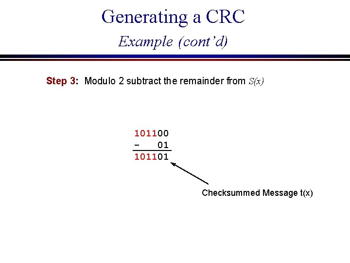 Generating a CRC Example (cont’d) Step 3: Modulo 2 subtract the remainder from S(x)