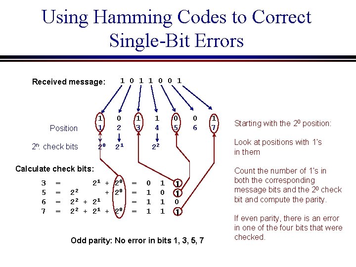 Using Hamming Codes to Correct Single-Bit Errors Received message: Position 2 n: check bits