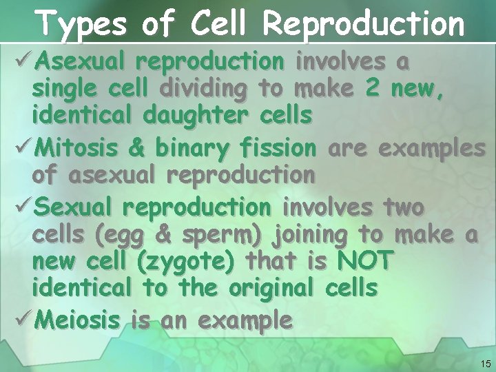 Types of Cell Reproduction üAsexual reproduction involves a single cell dividing to make 2
