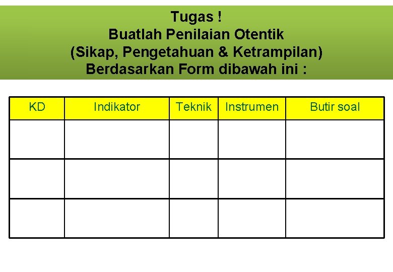 Tugas ! Buatlah Penilaian Otentik (Sikap, Pengetahuan & Ketrampilan) Berdasarkan Form dibawah ini :