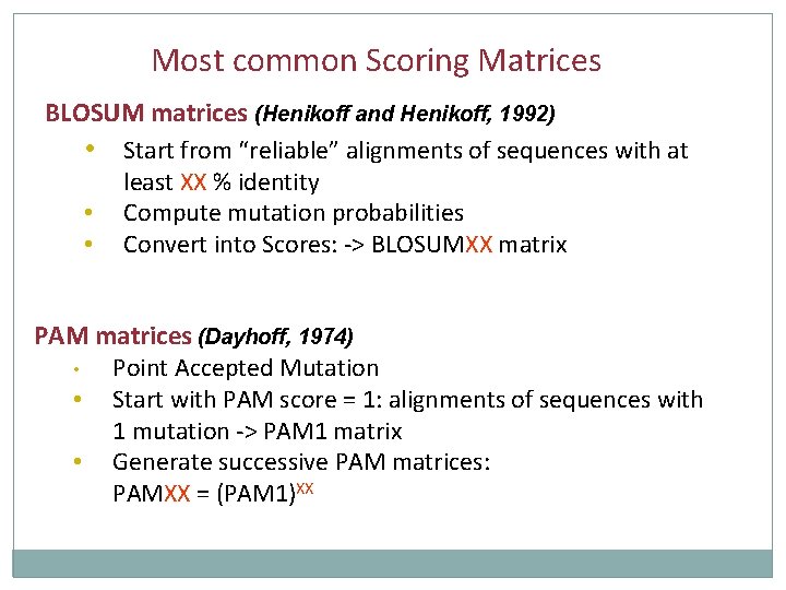 Most common Scoring Matrices BLOSUM matrices (Henikoff and Henikoff, 1992) • Start from “reliable”