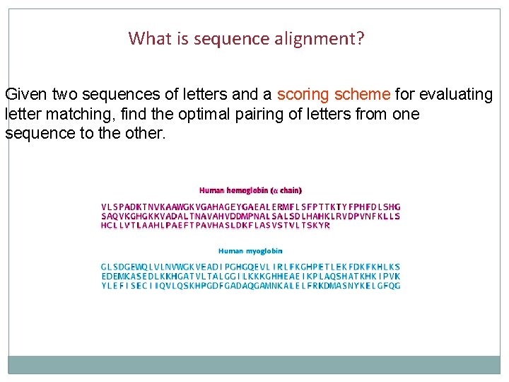 What is sequence alignment? Given two sequences of letters and a scoring scheme for