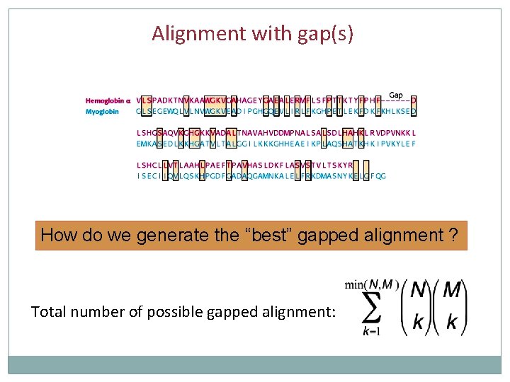 Alignment with gap(s) How do we generate the “best” gapped alignment ? Total number