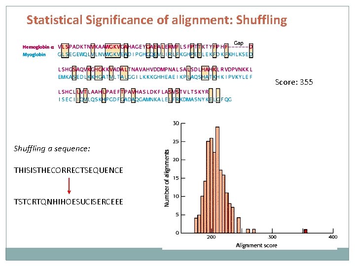 Statistical Significance of alignment: Shuffling Score: 355 Shuffling a sequence: THISISTHECORRECTSEQUENCE TSTCRTQNHIHOESUCISERCEEE 