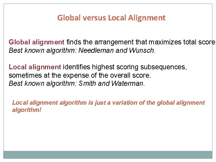 Global versus Local Alignment Global alignment finds the arrangement that maximizes total score Best