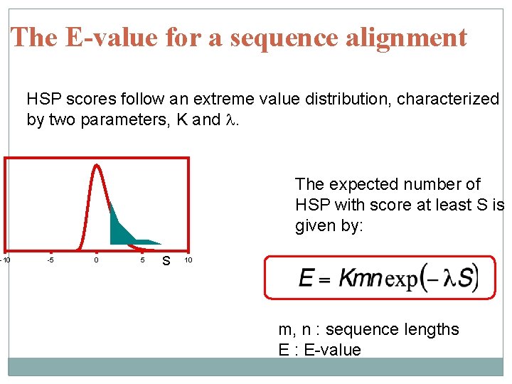 The E-value for a sequence alignment HSP scores follow an extreme value distribution, characterized