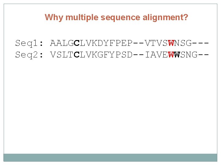 Why multiple sequence alignment? Seq 1: AALGCLVKDYFPEP--VTVSWNSG--Seq 2: VSLTCLVKGFYPSD--IAVEWWSNG-- 