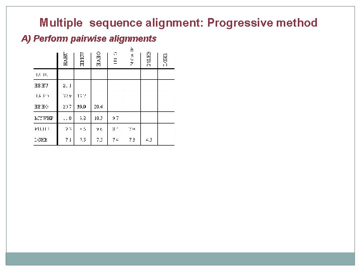 Multiple sequence alignment: Progressive method A) Perform pairwise alignments 