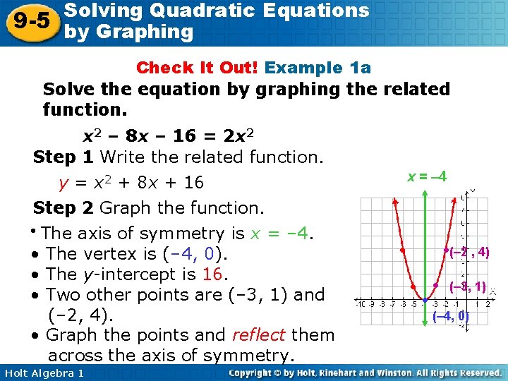 Solving Quadratic Equations 9 -5 by Graphing Check It Out! Example 1 a Solve