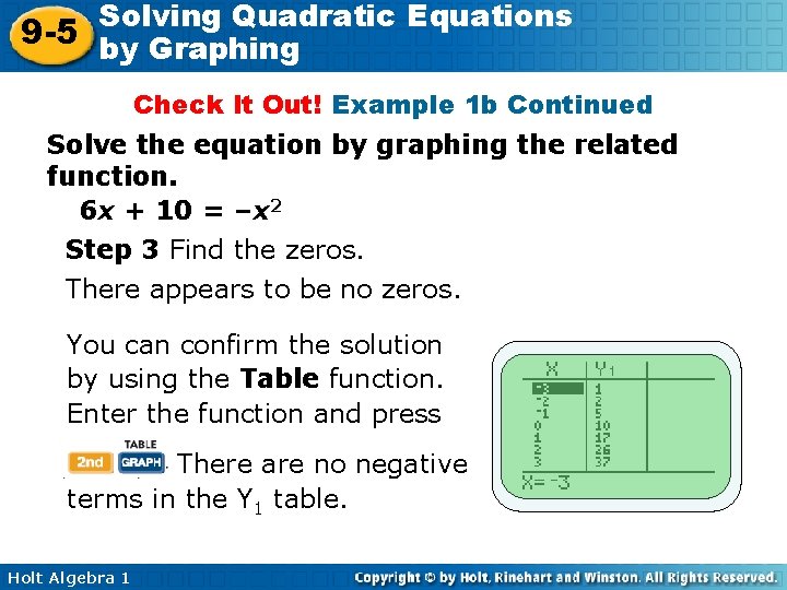 Solving Quadratic Equations 9 -5 by Graphing Check It Out! Example 1 b Continued