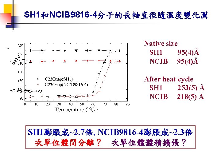 SH 1和NCIB 9816 -4分子的長軸直徑隨溫度變化圖 Native size SH 1 95(4)Å NCIB 95(4)Å After heat cycle