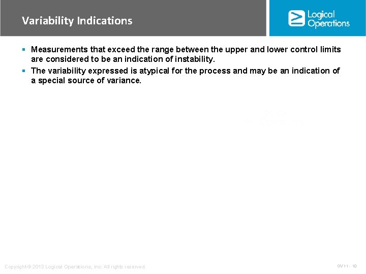Variability Indications § Measurements that exceed the range between the upper and lower control