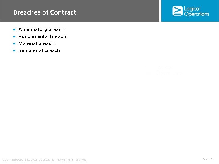 Breaches of Contract § § Anticipatory breach Fundamental breach Material breach Immaterial breach Copyright