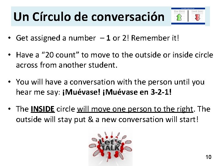 Un Círculo de conversación • Get assigned a number – 1 or 2! Remember Un Círculo de conversación • Get assigned a number – 1 or 2! Remember