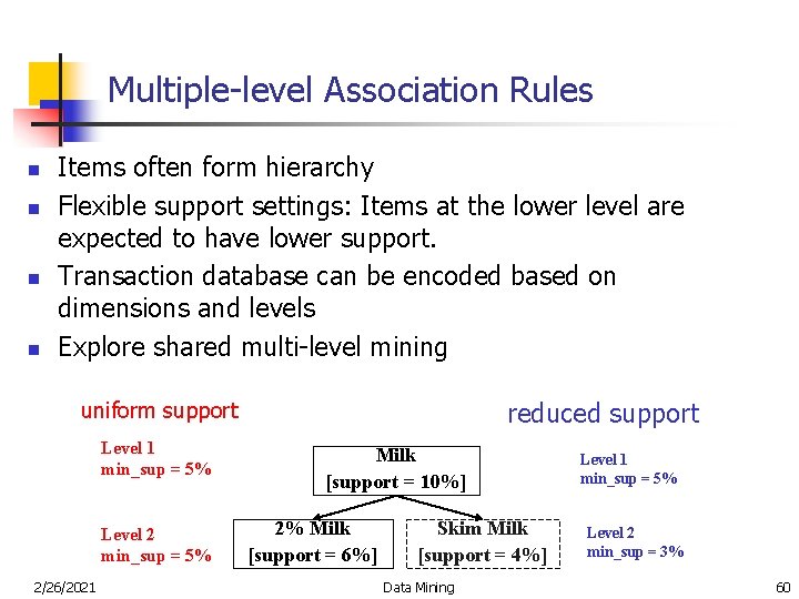 Multiple-level Association Rules n n Items often form hierarchy Flexible support settings: Items at