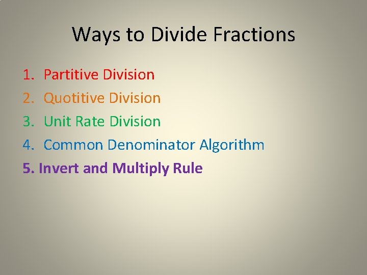 Ways to Divide Fractions 1. Partitive Division 2. Quotitive Division 3. Unit Rate Division Ways to Divide Fractions 1. Partitive Division 2. Quotitive Division 3. Unit Rate Division