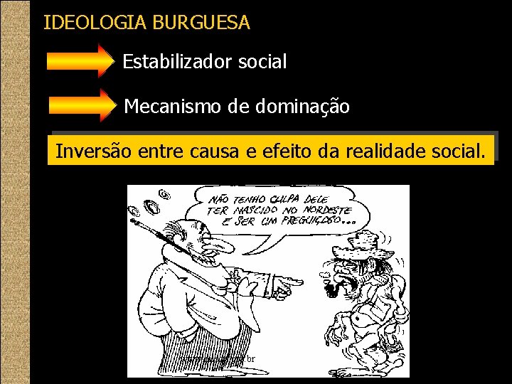 IDEOLOGIA BURGUESA Estabilizador social Mecanismo de dominação Inversão entre causa e efeito da realidade