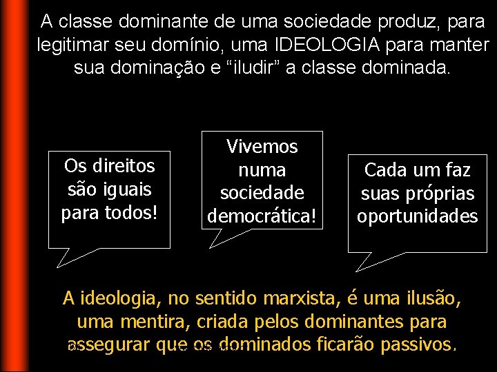 A classe dominante de uma sociedade produz, para legitimar seu domínio, uma IDEOLOGIA para