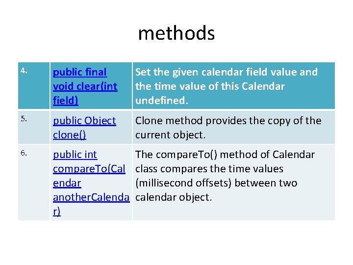 methods 4. public final void clear(int field) Set the given calendar field value and