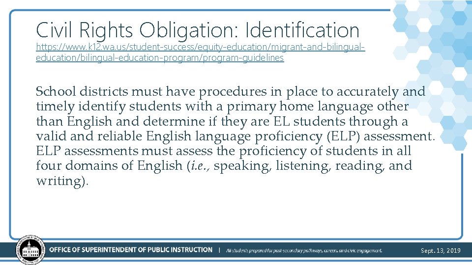 Civil Rights Obligation: Identification https: //www. k 12. wa. us/student-success/equity-education/migrant-and-bilingualeducation/bilingual-education-program/program-guidelines School districts must have