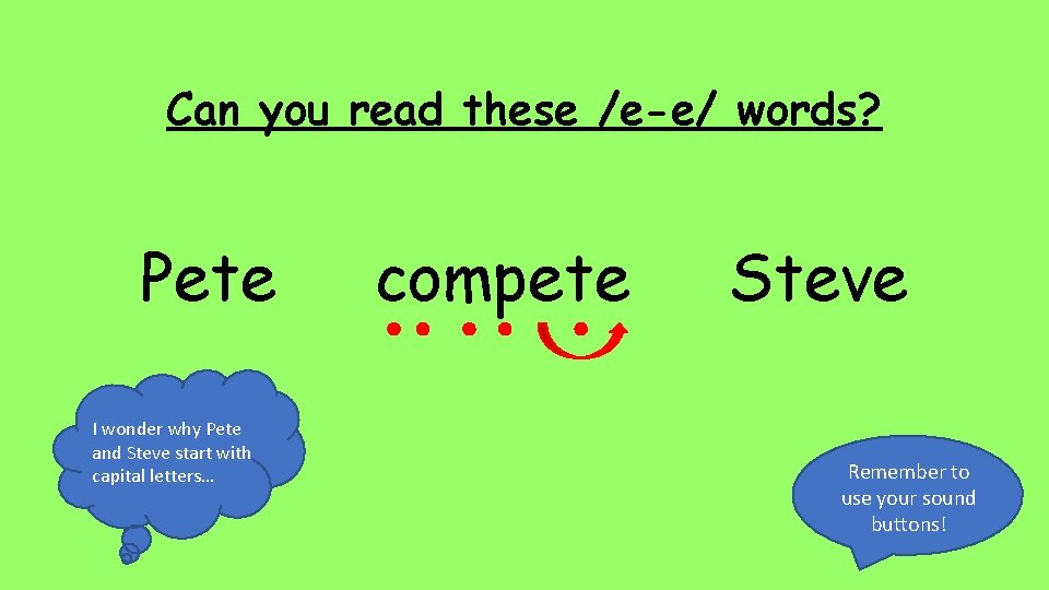 Can you read these /e-e/ words? Pete I wonder why Pete and Steve start