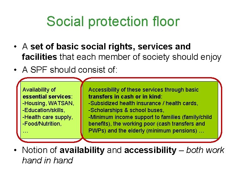 Social protection floor • A set of basic social rights, services and facilities that