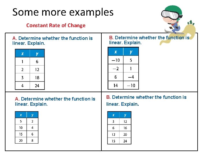 Some more examples Constant Rate of Change A. Determine whether the function is linear.