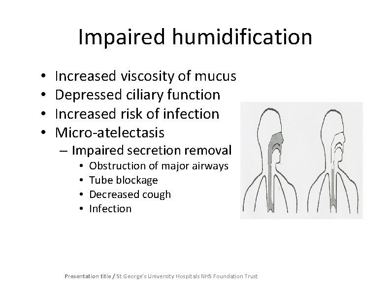 Impaired humidification • • Increased viscosity of mucus Depressed ciliary function Increased risk of