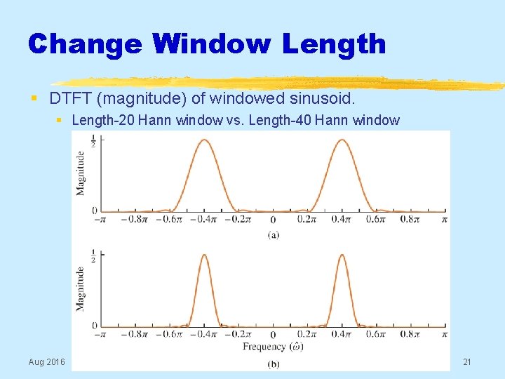 Change Window Length § DTFT (magnitude) of windowed sinusoid. § Length-20 Hann window vs.