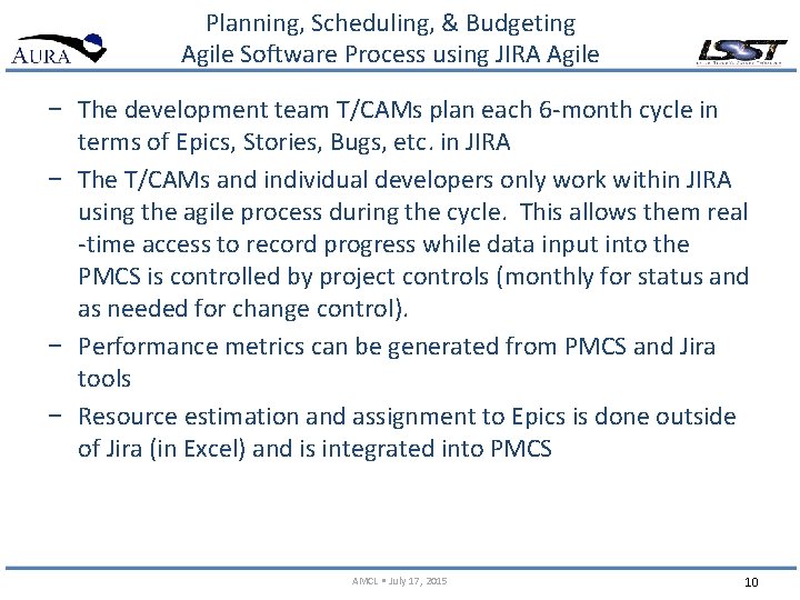 Planning, Scheduling, & Budgeting Agile Software Process using JIRA Agile − The development team