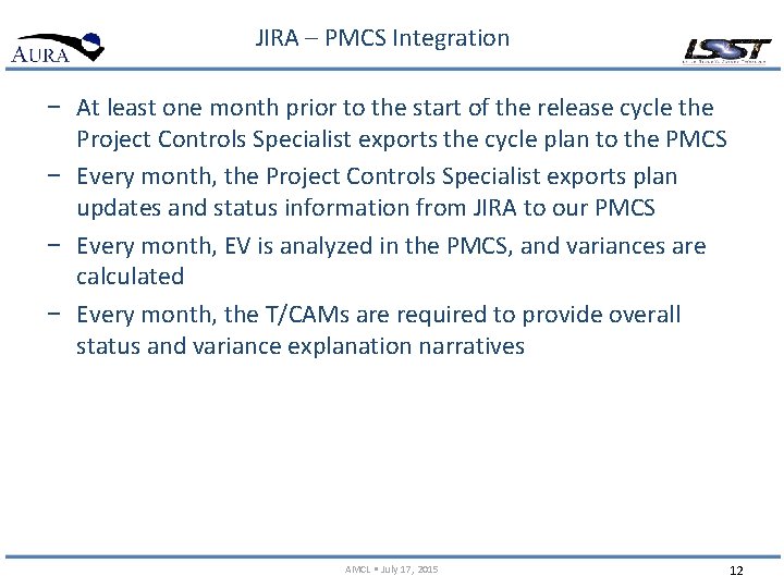 JIRA – PMCS Integration − At least one month prior to the start of