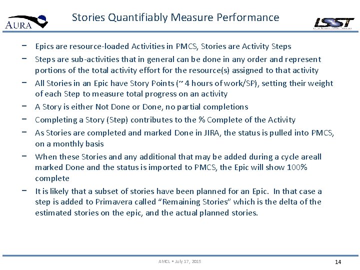 Stories Quantifiably Measure Performance − Epics are resource-loaded Activities in PMCS, Stories are Activity