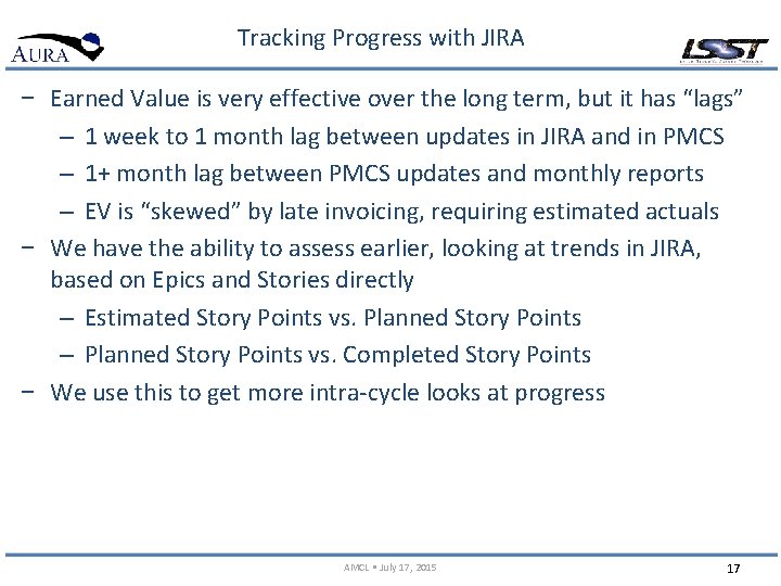 Tracking Progress with JIRA − Earned Value is very effective over the long term,