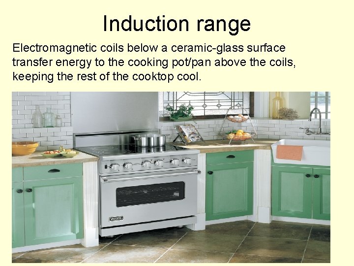 Induction range Electromagnetic coils below a ceramic-glass surface transfer energy to the cooking pot/pan