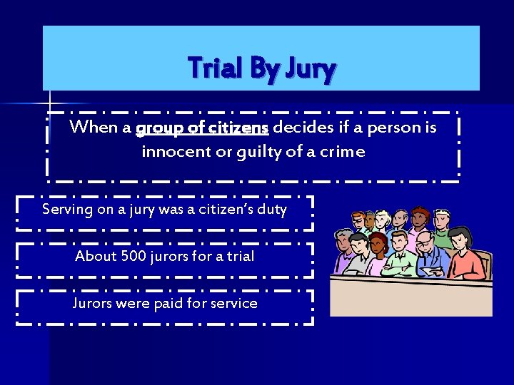 Trial By Jury When a group of citizens decides if a person is innocent