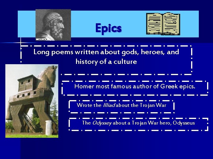 Epics Long poems written about gods, heroes, and history of a culture Homer most