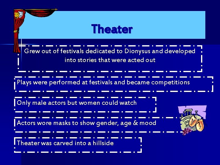 Theater Grew out of festivals dedicated to Dionysus and developed into stories that were