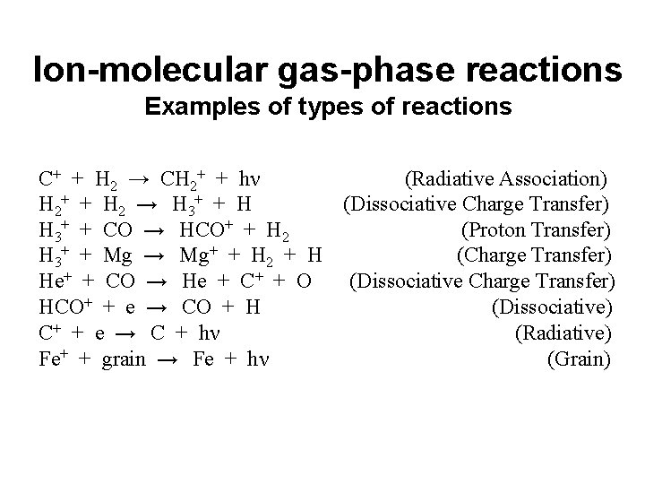 Ion-molecular gas-phase reactions Examples of types of reactions C+ + H 2 → CH
