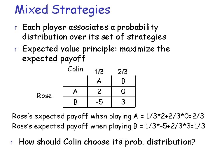 Mixed Strategies r Each player associates a probability distribution over its set of strategies