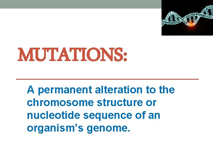 MUTATIONS: A permanent alteration to the chromosome structure or nucleotide sequence of an organism’s