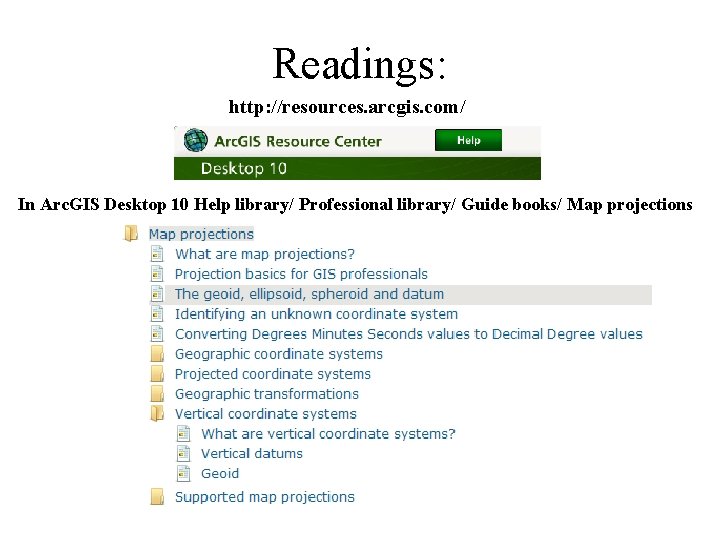 Readings: http: //resources. arcgis. com/ In Arc. GIS Desktop 10 Help library/ Professional library/