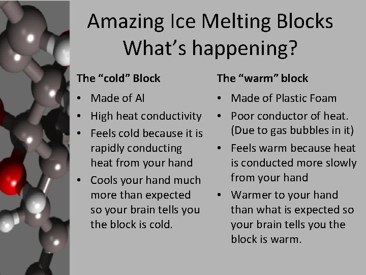 Amazing Ice Melting Blocks What’s happening? The “cold” Block The “warm” block • Made