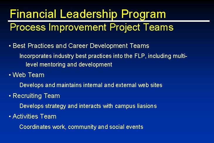 Financial Leadership Program Process Improvement Project Teams • Best Practices and Career Development Teams