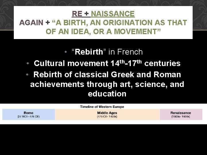 RE + NAISSANCE AGAIN + “A BIRTH, AN ORIGINATION AS THAT OF AN IDEA,