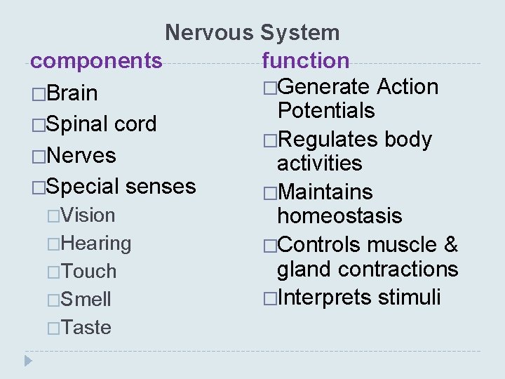 Nervous System function components �Generate Action �Brain Potentials �Spinal cord �Regulates body �Nerves activities