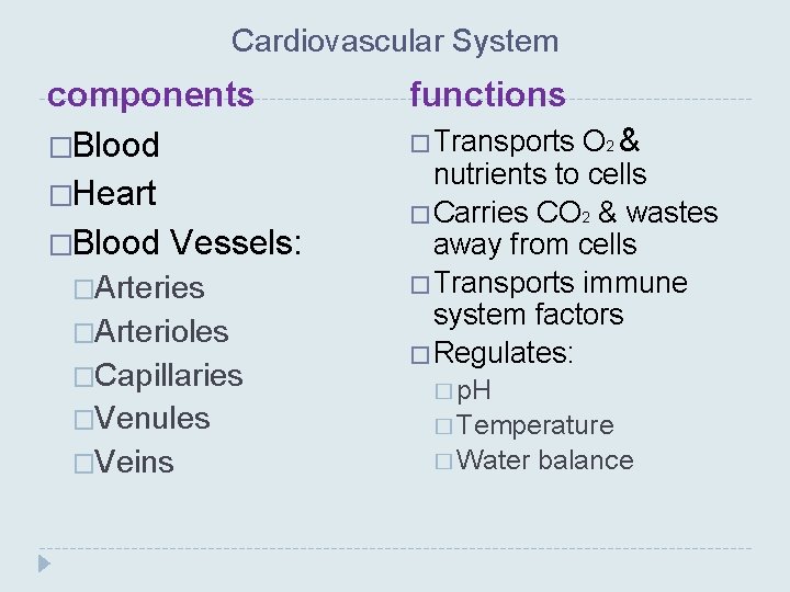 Cardiovascular System components �Blood �Heart �Blood Vessels: �Arteries �Arterioles �Capillaries �Venules �Veins functions O