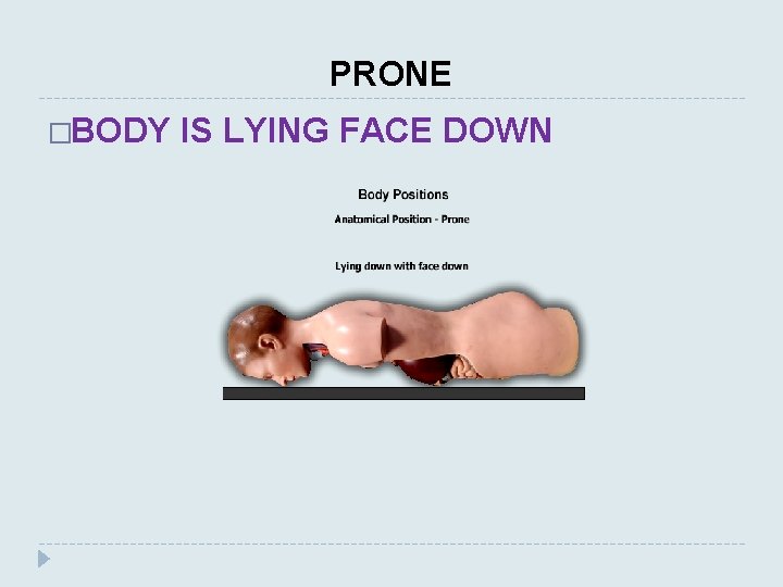 PRONE �BODY IS LYING FACE DOWN 