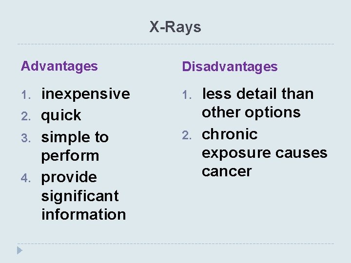 X-Rays Advantages 1. 2. 3. 4. inexpensive quick simple to perform provide significant information