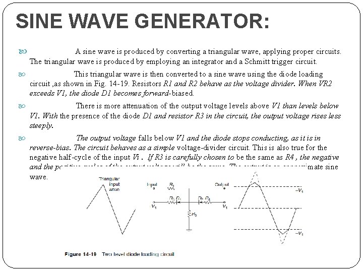 SINE WAVE GENERATOR: A sine wave is produced by converting a triangular wave, applying