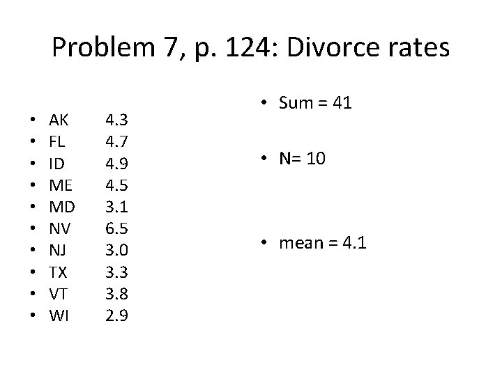 Problem 7, p. 124: Divorce rates • • • AK FL ID ME MD